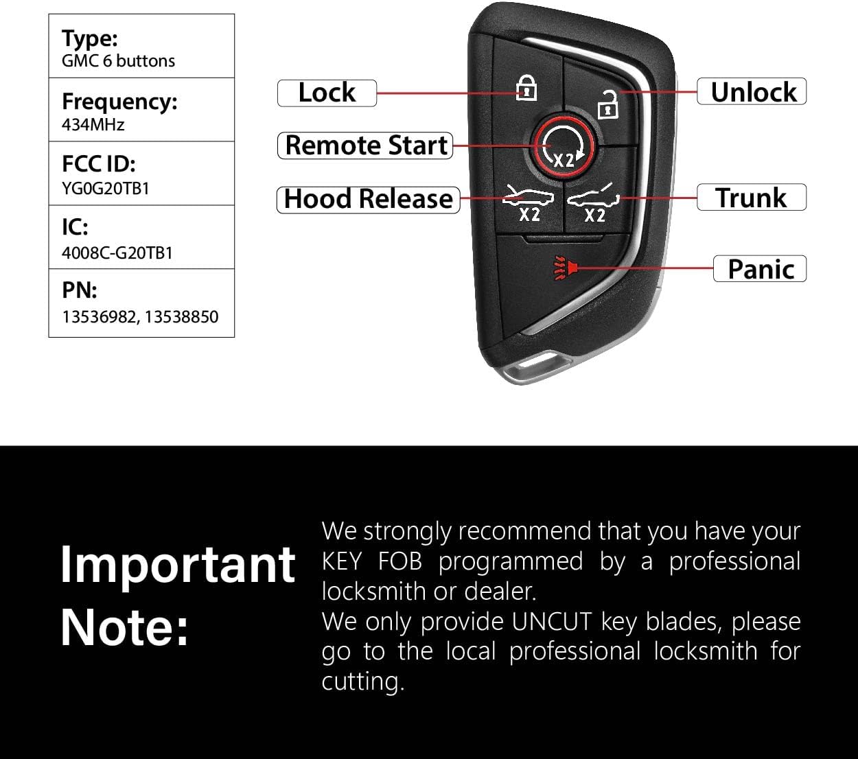 Replacement for 2020 2021 2022 2023 2024 Chevrolet Corvette C8 Key Fob Remote Control YG0G20TB1 6 Buttons 434MHz
