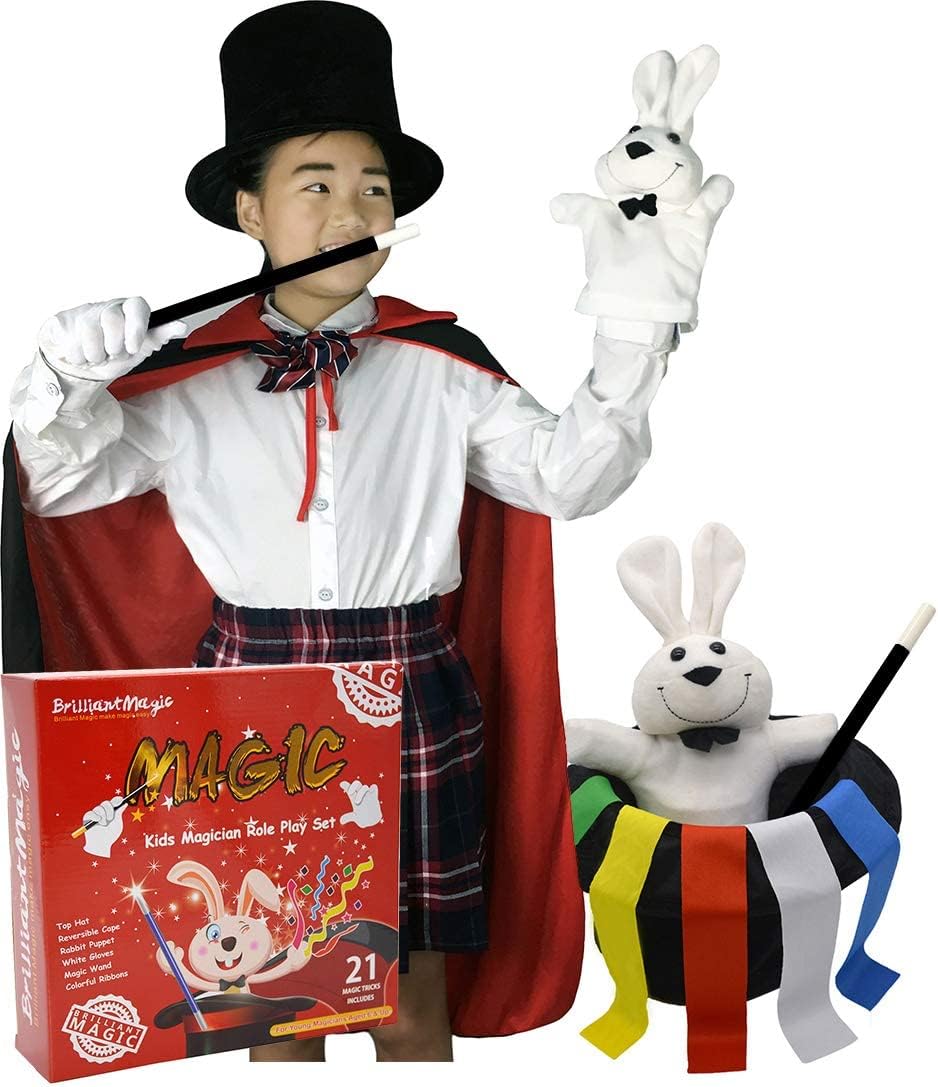 Kids Magician Role Play Set Contains Magic Top Hat Magic Wand Rabbit Puppet Color Ribbons Gloves(Model:BMM006) (S)
