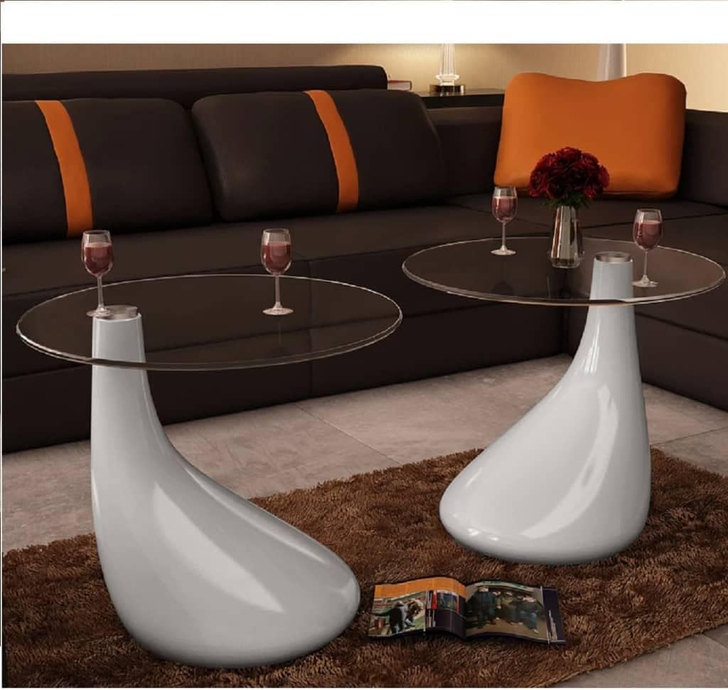 Set of 2 Modern Coffee Tables with Round Glass Top, 21.7" Tall Round Side End Couch Table Decor for Living Room, Sitting Room, High Gloss White