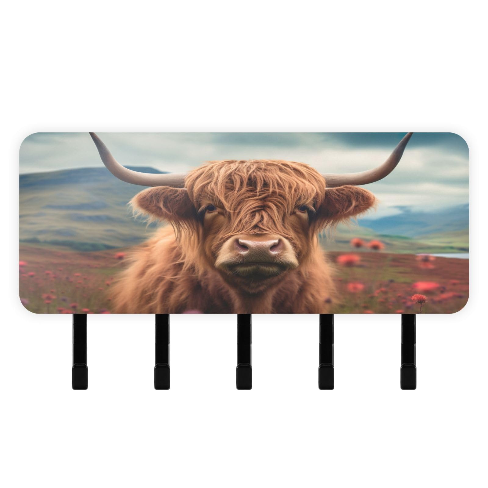 Cgiub Highland Cow Key Holder for Wall Acrylic Key Hooks with 5 Hooks Self Adhesive Key Hangers Wall Mounted Key Rack Mail Organiser for Home Entryway Farmhouse Kitchen