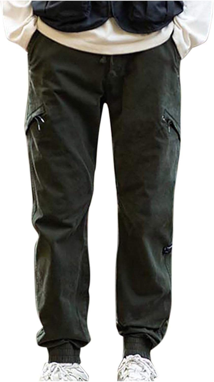 Men's Cotton Cargo Pants Casual Baggy Elastic Waist Joggers Outdoor Hiking Fishing Work Pant with Multi Pockets