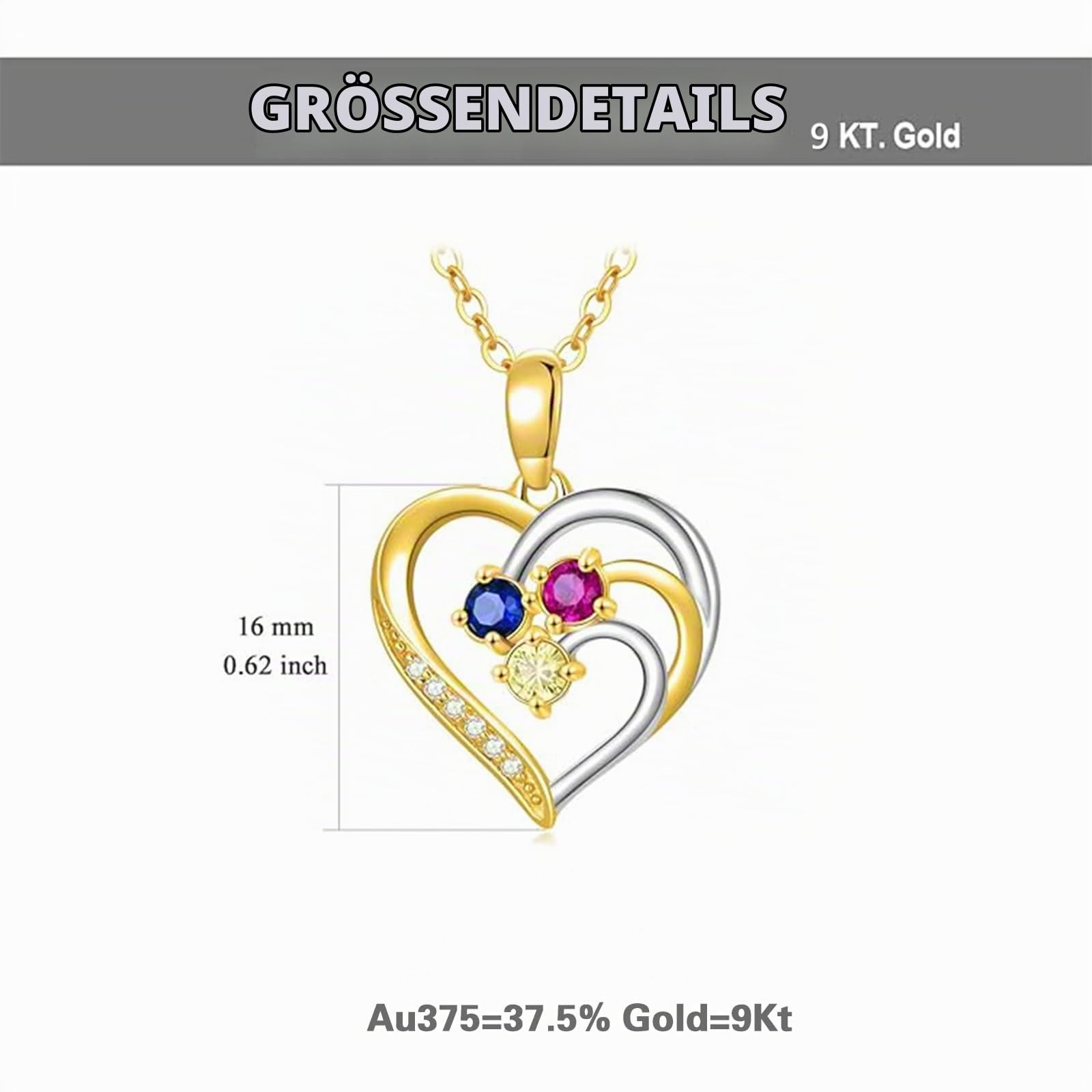 375/9K Echtgold Liebes Knoten Halskette für Damen, Weiß/Gelbgold Farbiger Zirkonia Herz Anhänger Halskette, Schmuck Geschenk zum Jahrestag Geburtstag für Ehefrau Mutter, 40 + 5 cm