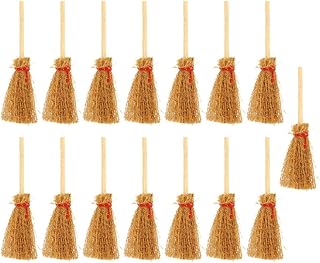 ABOOFAN 15Pcs Mini Broom Halloween Decoration Dollhouse Miniature Broom Mini Witches Broomstick Craft Small Straw Broom