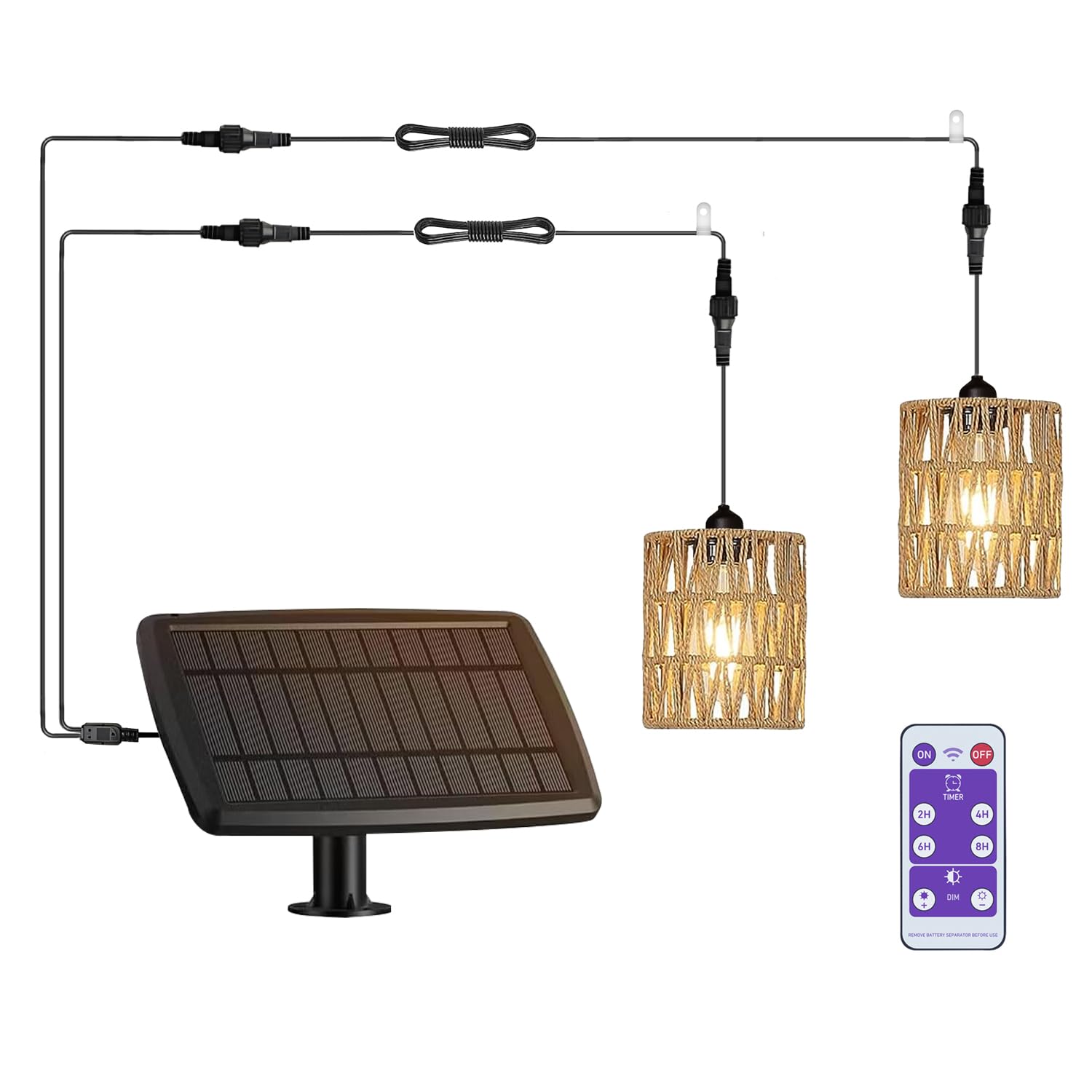 Rattan Solar Hängelampe Solarlampen für Außen Balkon mit Fernbedienung Hängeleuchte Hängend Korb Lampenschirm Pendelleuchte ohne Strom Wasserdichte Lampe Garten Camping 5M Kabel 2 Licht