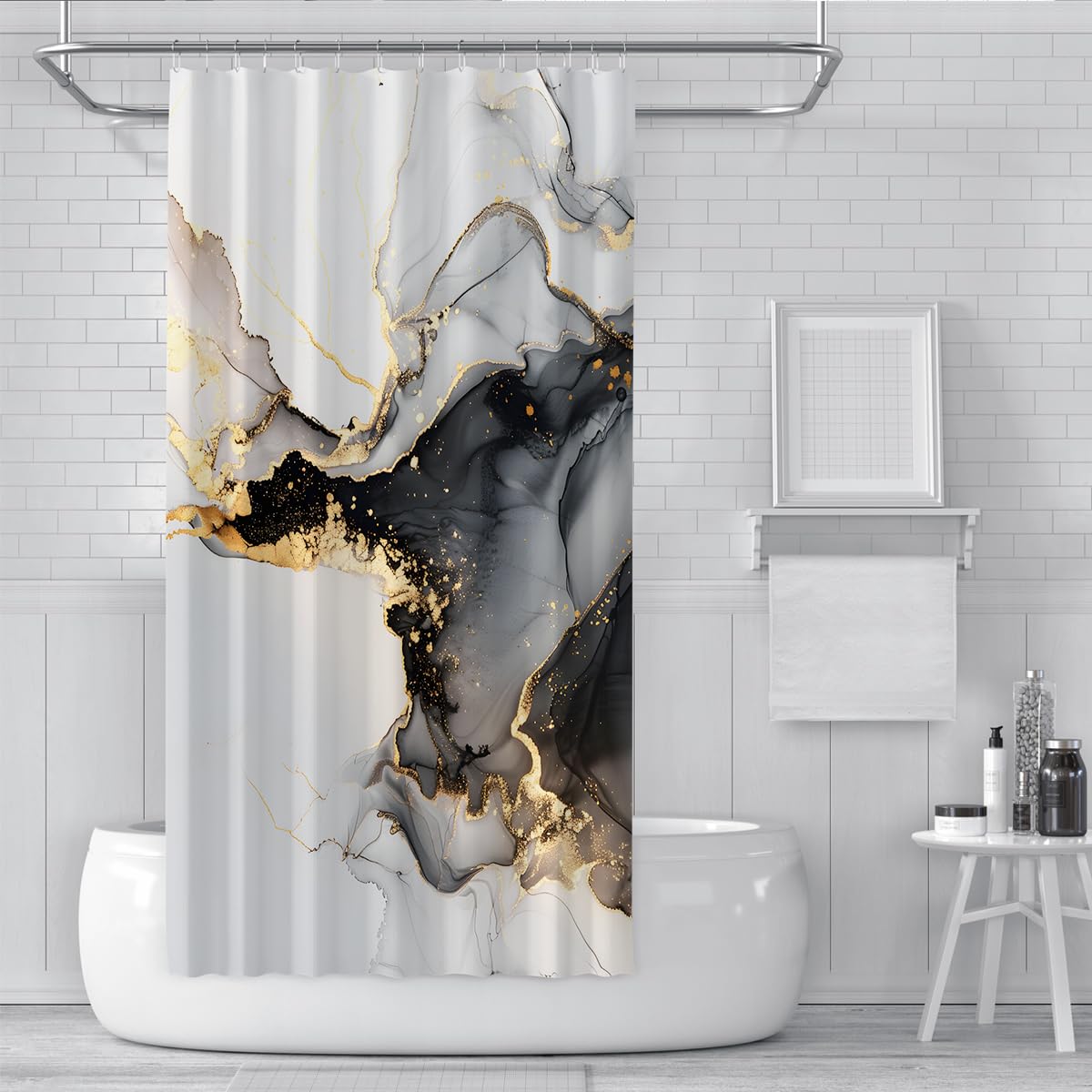 Rideau de Douche marbre Blanc Noir Or Moderne W150xL200 cm