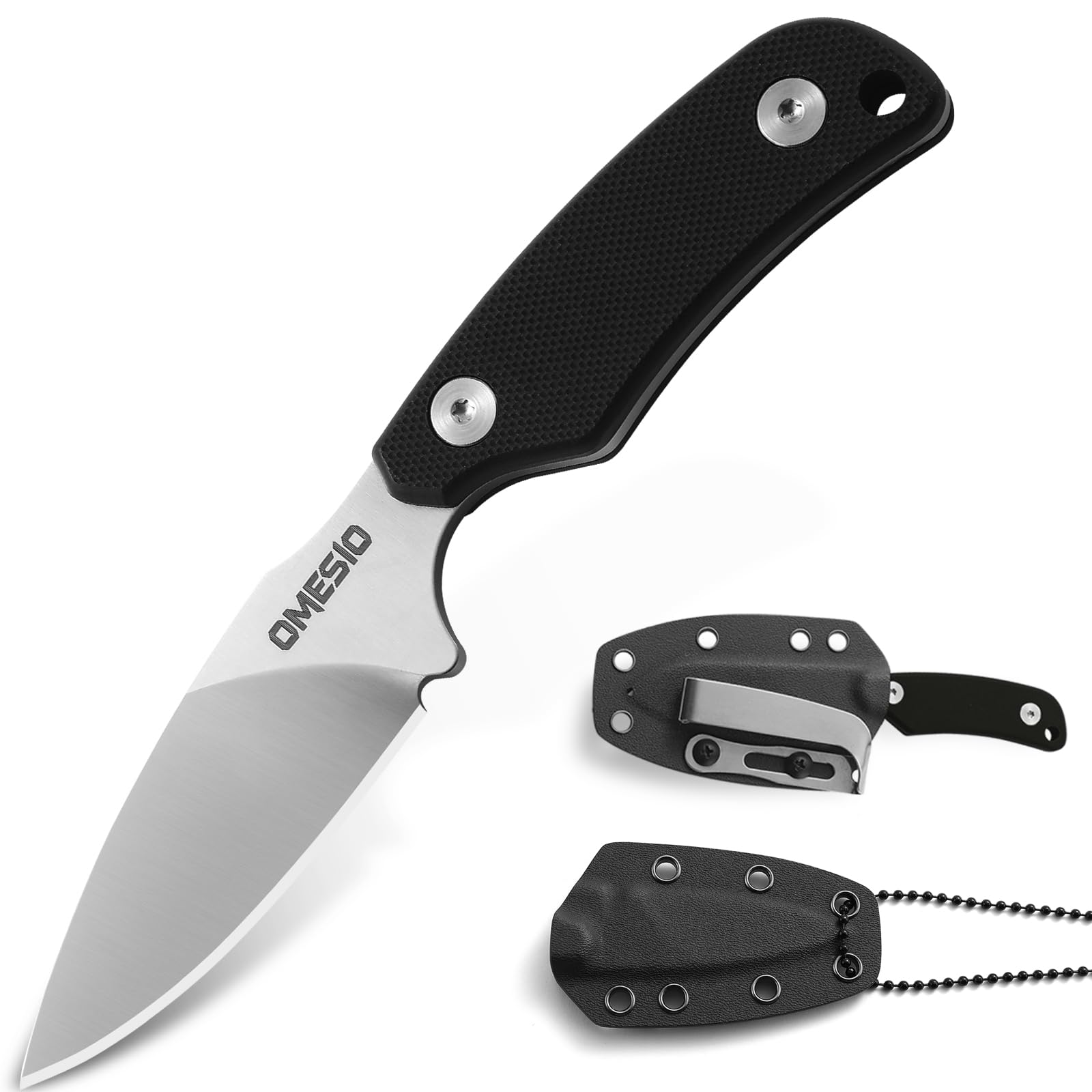Omesio Cuchillo de Cuello EDC Pequeño con Vaina Kydex, Hoja D2, Mango G10
