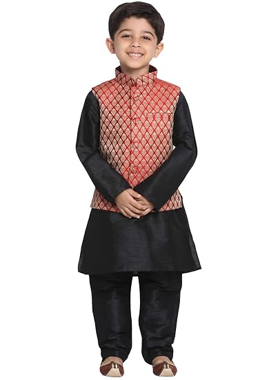 Boys Silk Blend Kurta Pyjama Jacket Set - Ethnic for Festivals | Banarasi Brocade Woven Jacquard Nehru Jacket and Silk Kurta Pyjama | Traditional Attire with Jacket