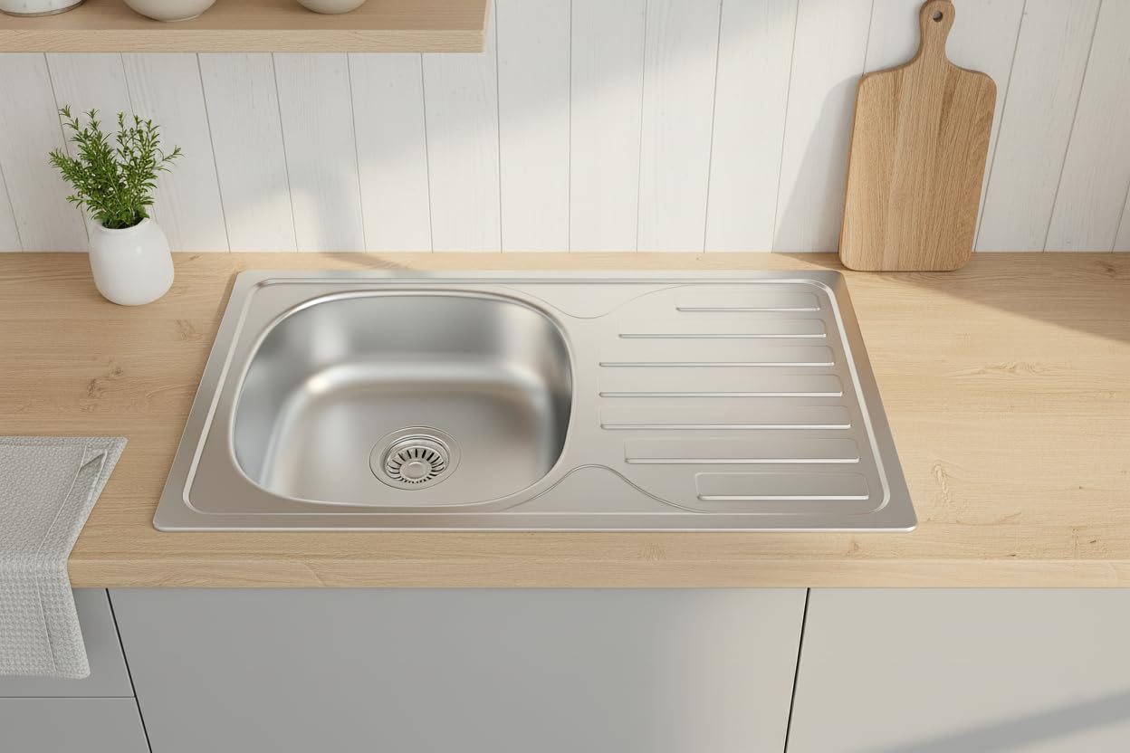 Faizee Home | Edelstahlspüle – Robuste Einbauspüle für Küche mit großem Becken | Auflagespüle aus hochwertigem Edelstahl inkl. Siphon-Set (Ohne Armatur, 76x44)