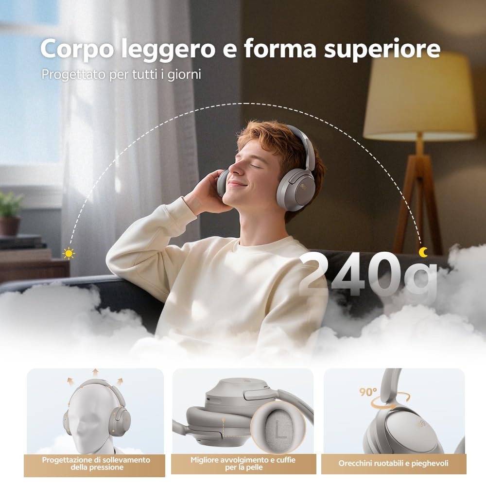 QCY H3S Cuffie Bluetooth Cancellazione Rumore Attiva Adattiva, -56 dB ANC Cuffie Wireless Over Ear, 102 Ore di Autonomia, LDAC Hi-Res Audio, Suono Spaziale, Comfort Leggero, Bluetooth 6.0