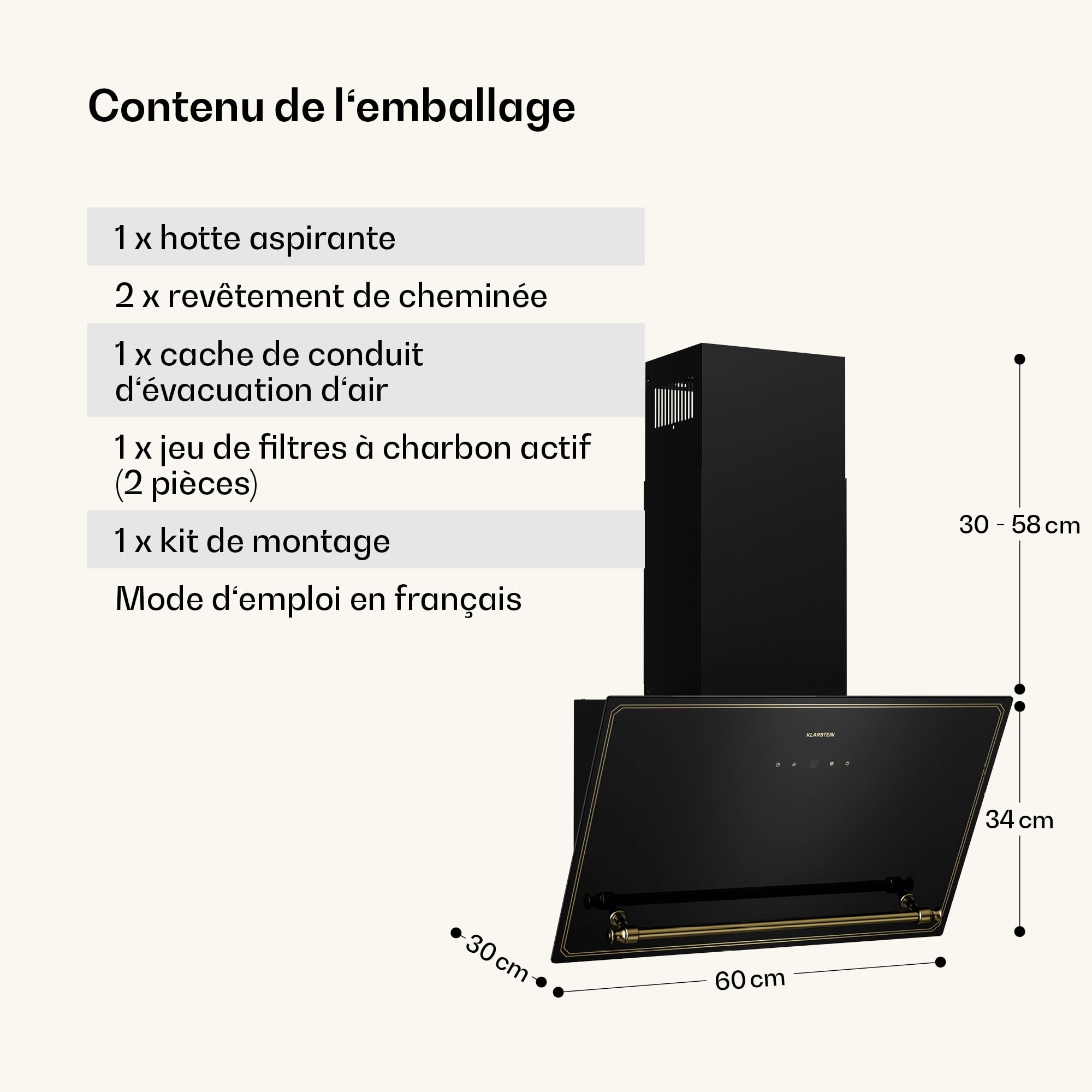 Klarstein Victoria Hotte Aspirante - 60cm Hotte Cuisine Angulaire, Débit 400 m³/h, Écran LED, A++ Énergie, Silencieuse 52 dB, Noir & Or, Extraction & Recirculation