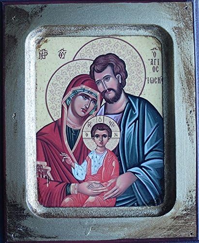 Wood Icon. Holy Family Icon of the Holy Family. Jesus, Mary and St. Joseph Pray for Us. Wooden Religious Icon. Hand made in Greece 13cms x 17cms.