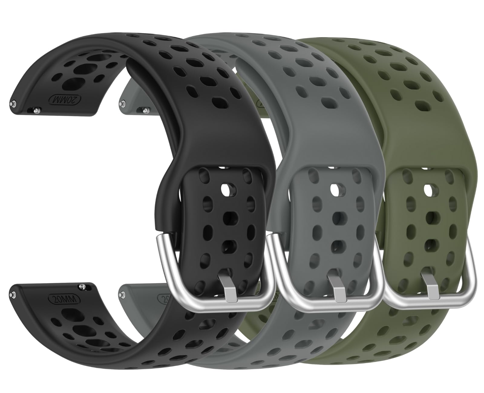 Bracelet de montre de 20 mm pour Amazfit Active 2, bracelet de montre de sport à dégagement rapide en silicone compatible avec Amazfit Active 2/Active (lot de 3, noir/gris sidéral/vert