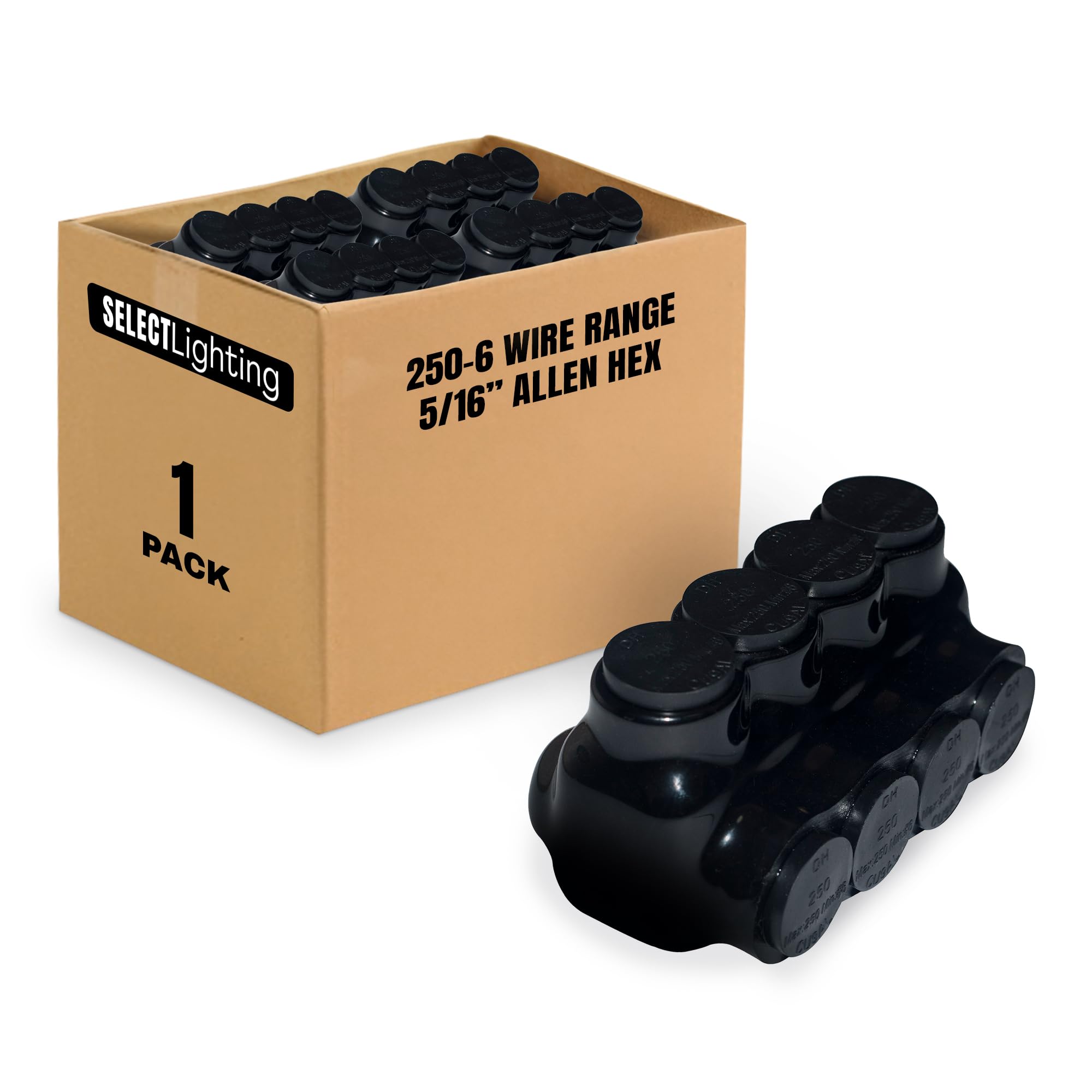 SELECT Lighting Black Insulated Multi-Tap Connector, 4 Wire Port Single Sided Entry Electrical Wire Connectors, 250-6 Wire Range, 5/16” Allen Hex,