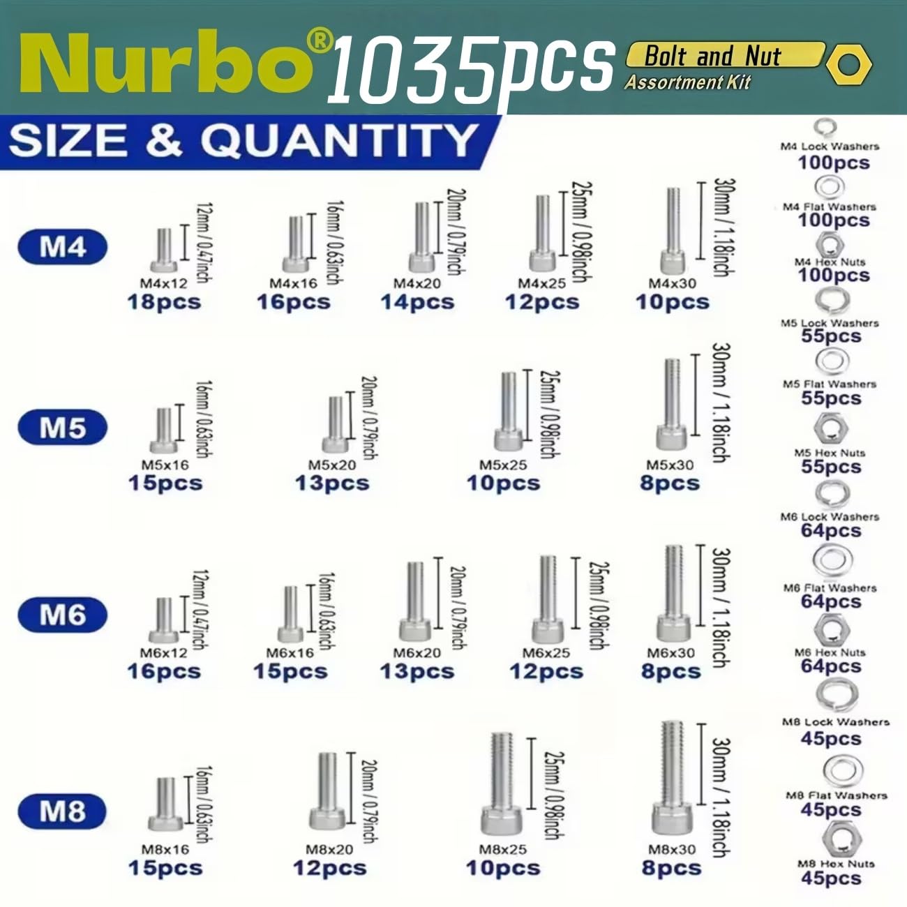 1035 Pieces of Stainless Steel M4, M5, M6, M8 Heavy-Duty Hexagonal Bolt and nut Combination, accompanied by 4 Pieces of Hexagonal Wrenches and a Double-Sided Tool Box (Yellow)