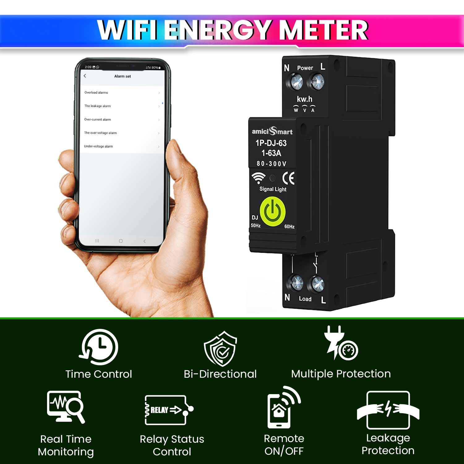 amiciSmart WiFi Bidirectional Energy Meter with Timer Switch | Over/Under Voltage and Over Current Protection Device with Over Temperature and Leakage Protection, Single Phase, 220VAC — Amazon image 2