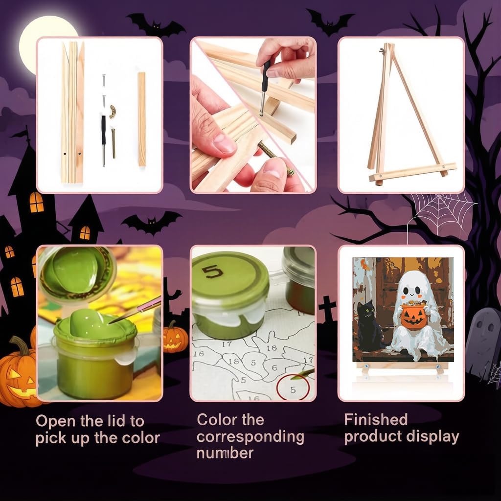 LWZAYS 6 Pack Halloween Paint by Numbers Kit for Adults with Frame, Easy Horror Paint by Number for Adults Beginner with Wooden Easel, DIY Painting by Numbers Canvas Framed for Home Decor 8 x 8 Inch