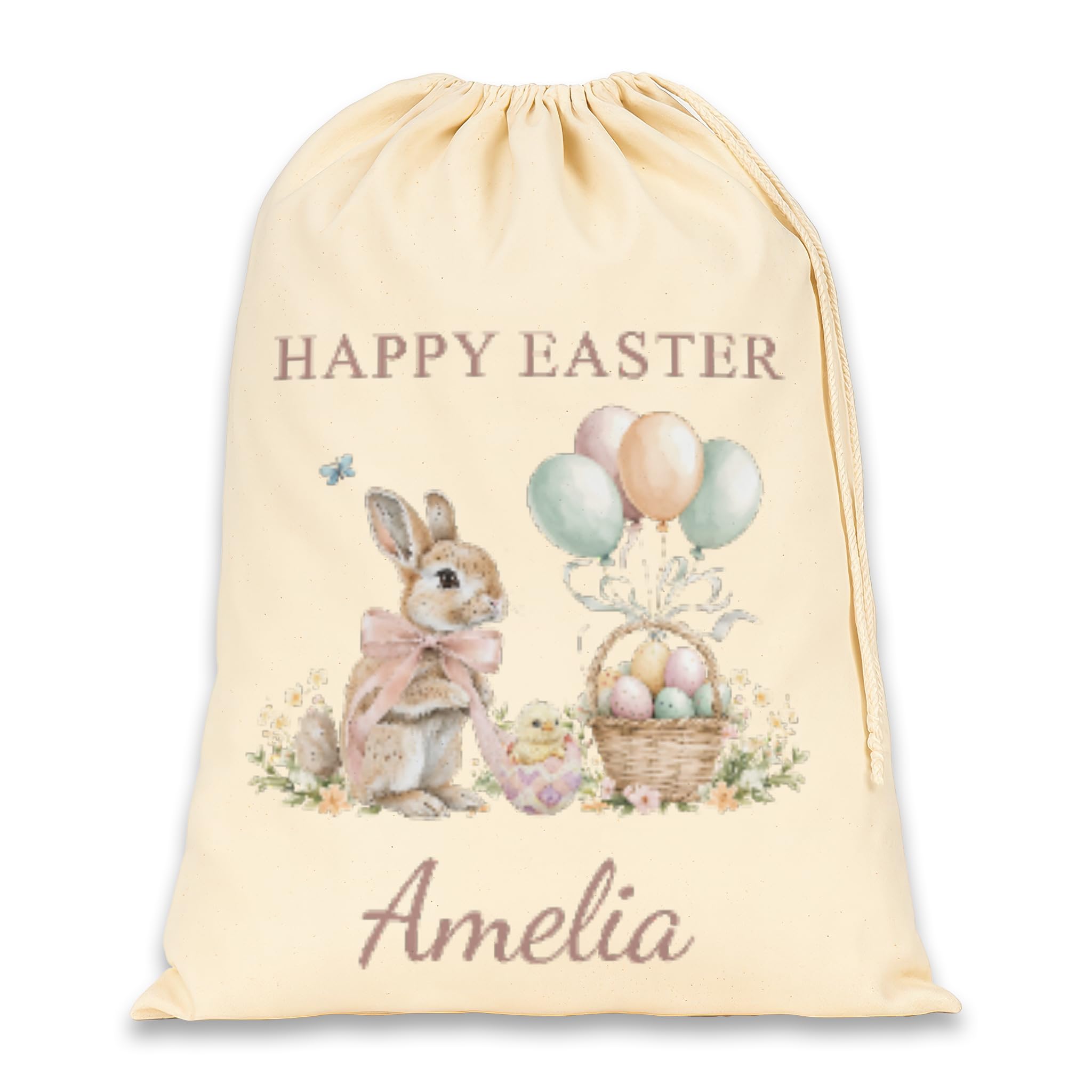 Chicken Craft Personalised Easter Sack - Custom Name Cotton Easter Gift Bag - Easter Egg Hunt Bag for Kids - Bunny & Balloons Design (Happy Easter, Pink)