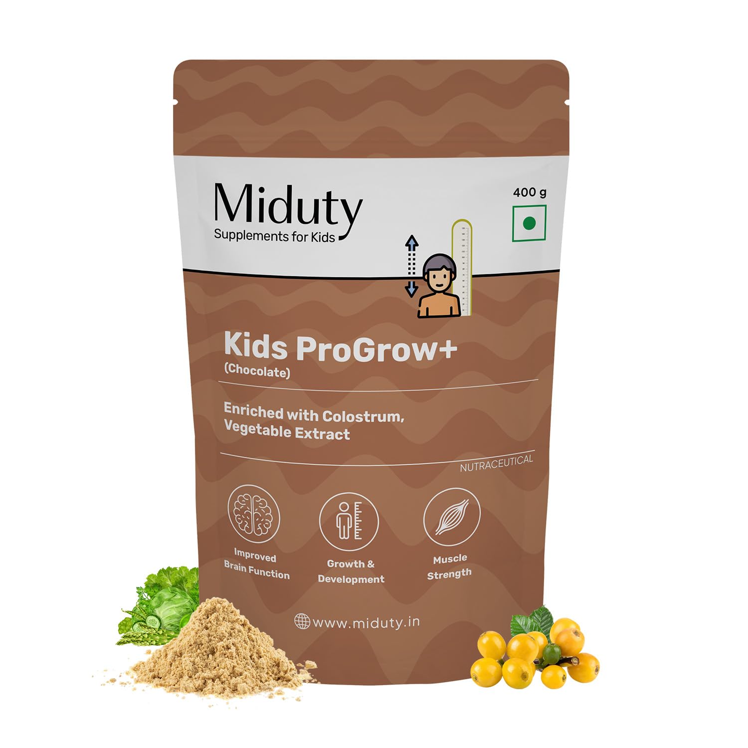 Miduty Kids ProGrow+ Chocolate Shake with Whey, MCT & Colostrum - Supports Growth, Energy, Brain & Immunity - With Active Vitamins, Minerals & Herbal Extracts - Chocolate, 400g