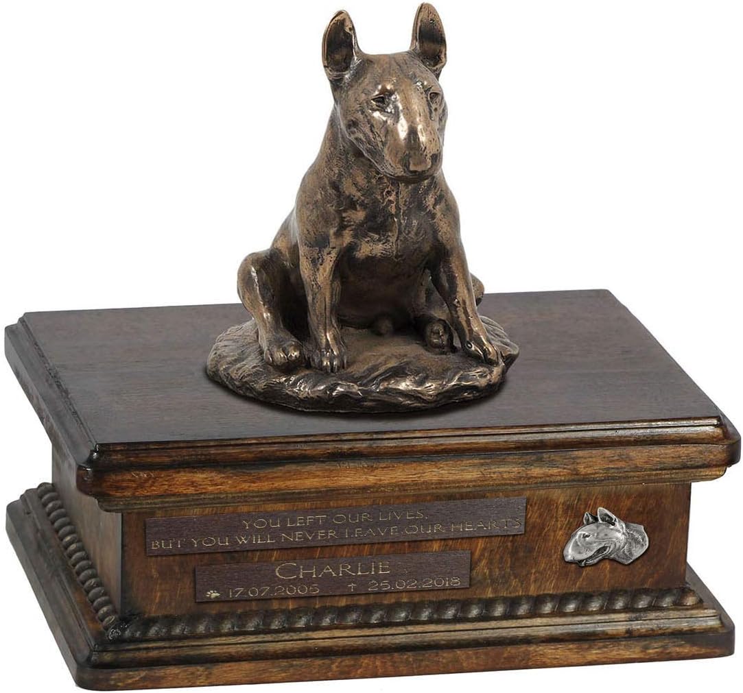 Art-Dog Custom Dog Sitting Statue Memorial Urn - Handmade Cold Cast Bronze on Birch Base – Sturdy and Stylish Urn for Dog’s Ashes – 8.3x11.4x8.7 – 5l – Bull Terrier VIII