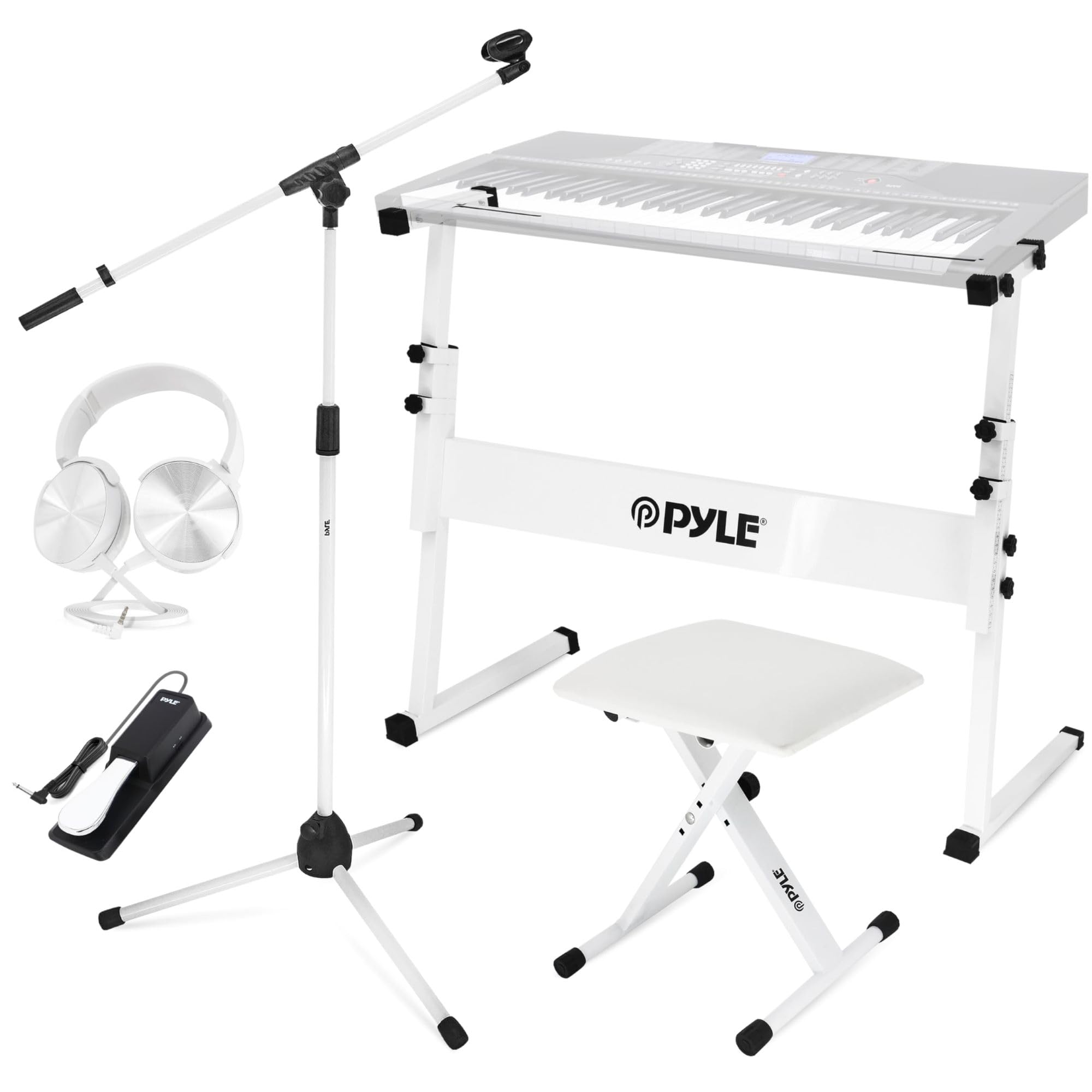 Pyle Keyboard Stand, Heavy-Duty Z Shape Piano Stand, Piano Bench, Microphone Stand, Headset, Sustain Pedal, Height Adjustable Keyboard Accessories Set, White, 31.5" L x 8.3" W x 21.25-32" H