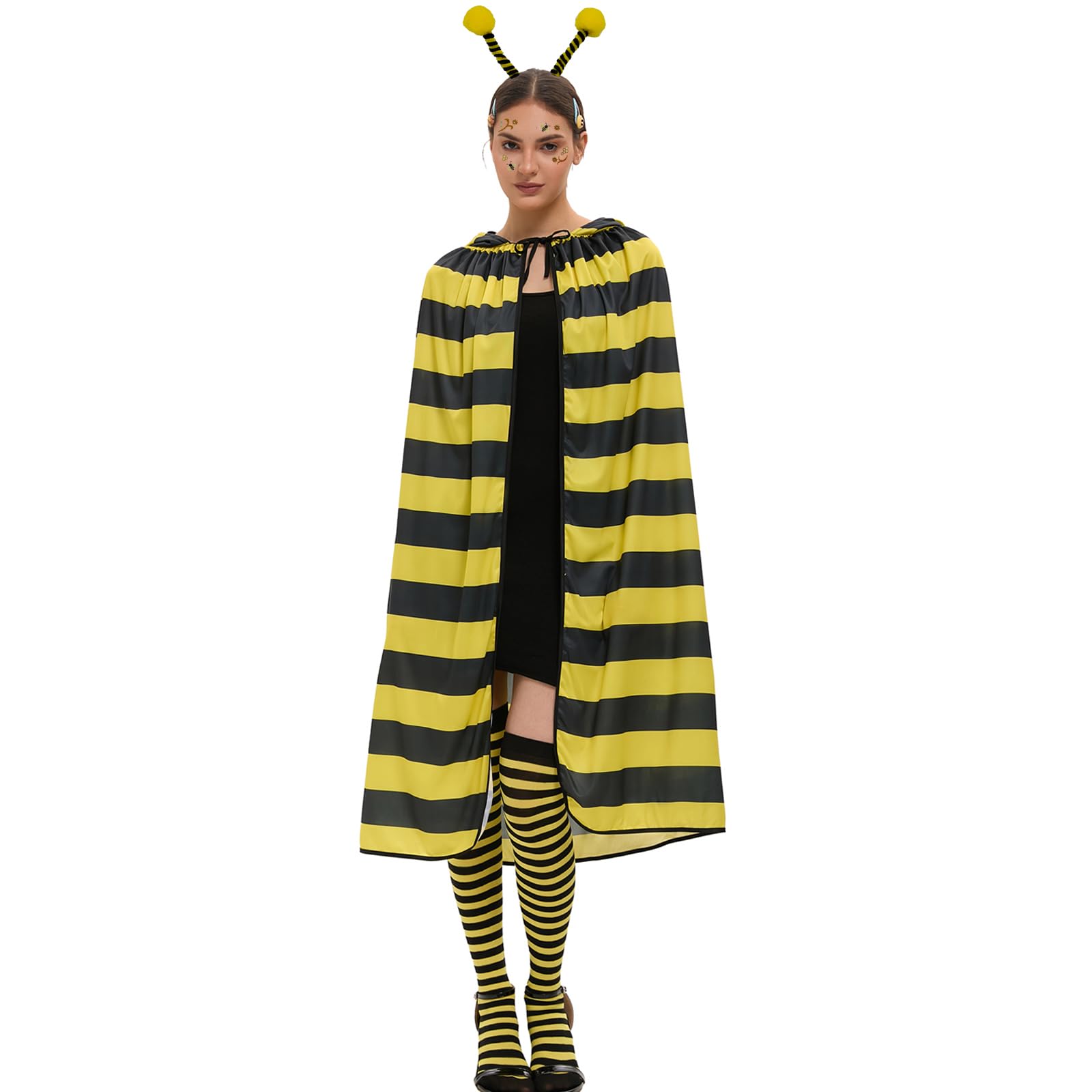 Disfraz Abeja Mujer, Disfraz Mujer Carnaval con Diadema de Abeja, Puños, Cara Tatuaje y Pinza para el Pelo para Adultos, Disfraces de Carnaval Señoras Capa de Abeja Decoración para la Fiesta de Carnav