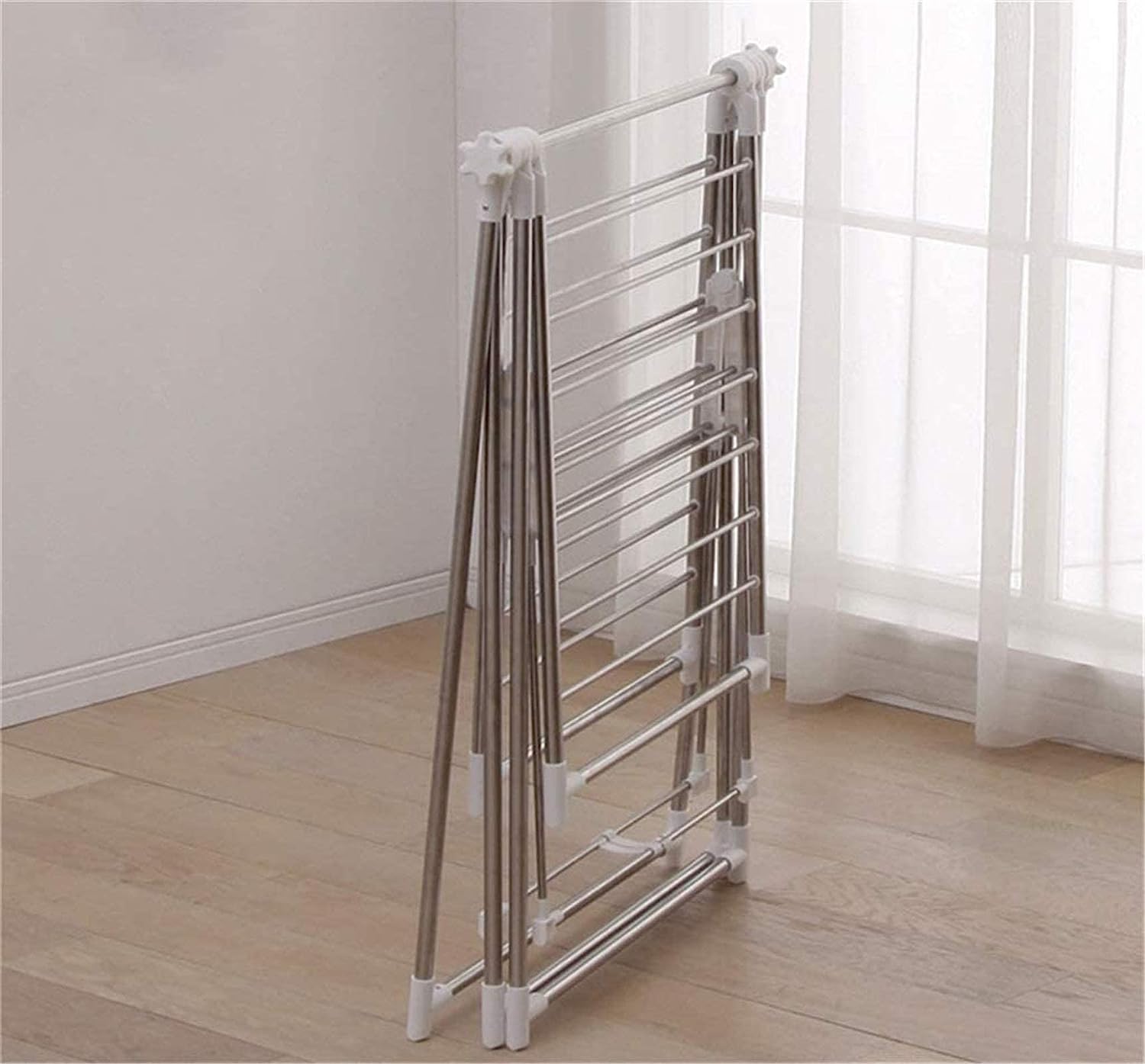 Zusammenklappbarer Wäscheständer Dreifach rollender Wäscheständer, Hängeständer, zusammenklappbarer Flügel-Wäscheständer, vertikaler Wäscheständer for den Innen- und Außenbereich, Edelstahl-Hängestang