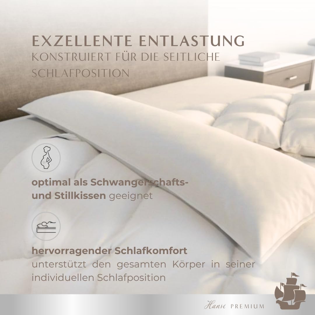 Hanse Premium Seitenschläferkissen 40 x 145 cm, Komfortables Kissen aus Daunen & Federn für Seitenschläfer, mit 3-Kammer-System, geeignet als Schwangerschafts- und Stillkissen, Made in Germany