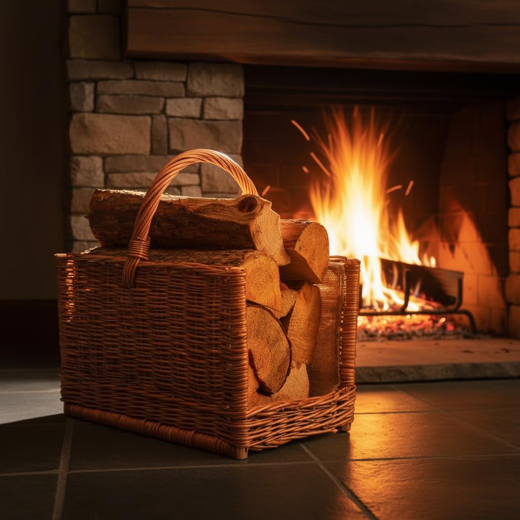 BOGATECO Panier en osier avec poignée carrée | Grand panier à bois 51X35X33 | Tissé à la main | Panier en bois doublé de jute | Panier à bois de chauffage