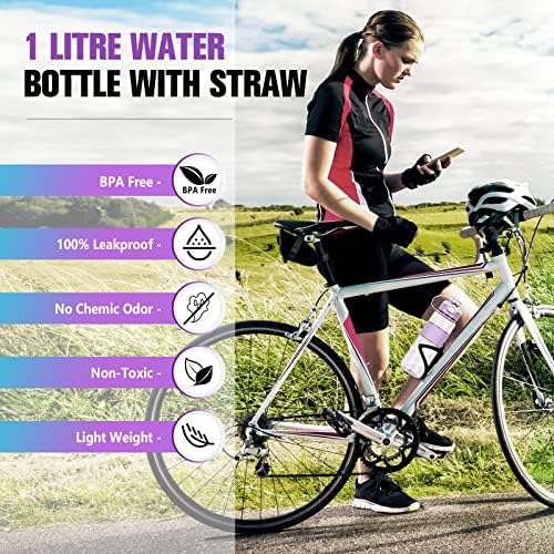 AOHAN Water Bottle with Straw, Sports Water Bottle 1l with Bottle Brush and Sticker, Leakproof Drinks Bottle, BPA Free Clear Water Bottle Ideal for Running Gym School Office and Outdoor Activity