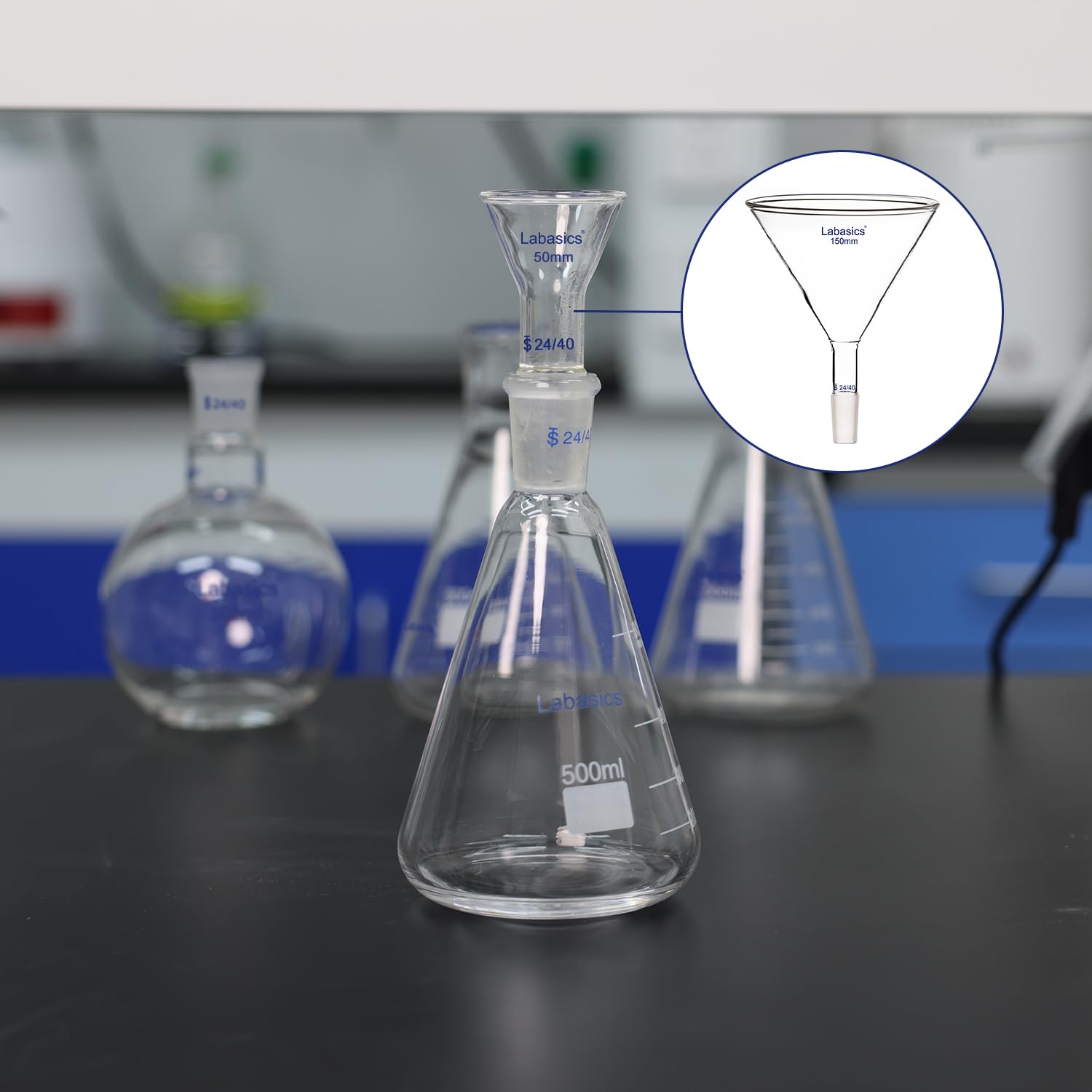 Labasics Entonnoir à Poudre en Verre Borosilicaté, Tige Courte, Diamètre Extérieur 150 mm, Joint 24/40, Transparent