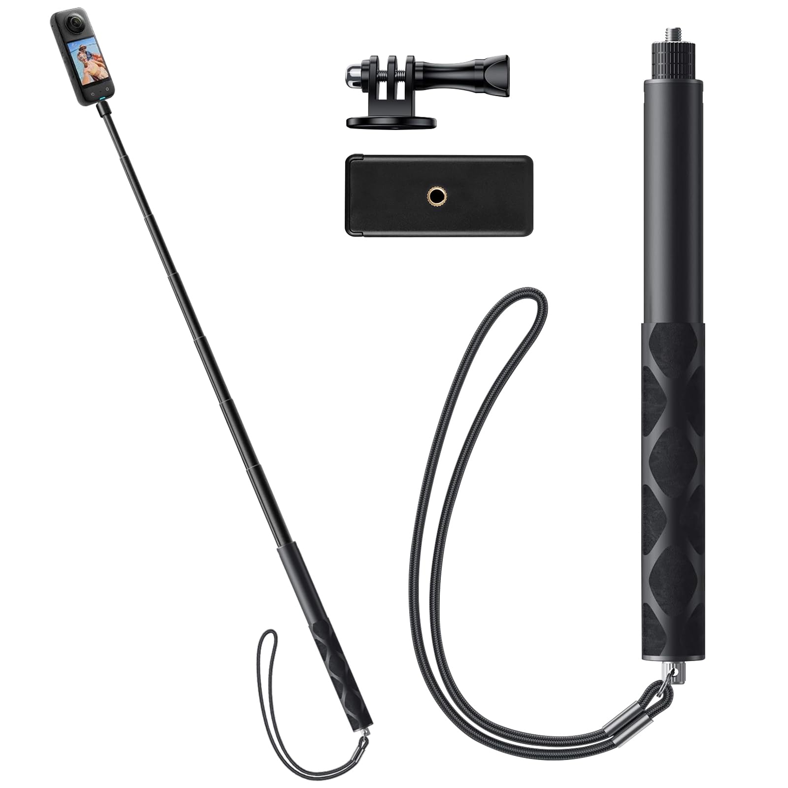 Insta360用自撮り棒 114cm アクションカメラ自撮り棒 1/4インチネジ 長さ23.5cmから114cmまで 調節可能 アルミ製＋シリコーン 延長一脚ポール 軽量 伸縮自由 持ち運び便利 hero13/12/11用 Insta360X5 X4 X3に対応 スマホホルダー付き iphone/Androidに対応