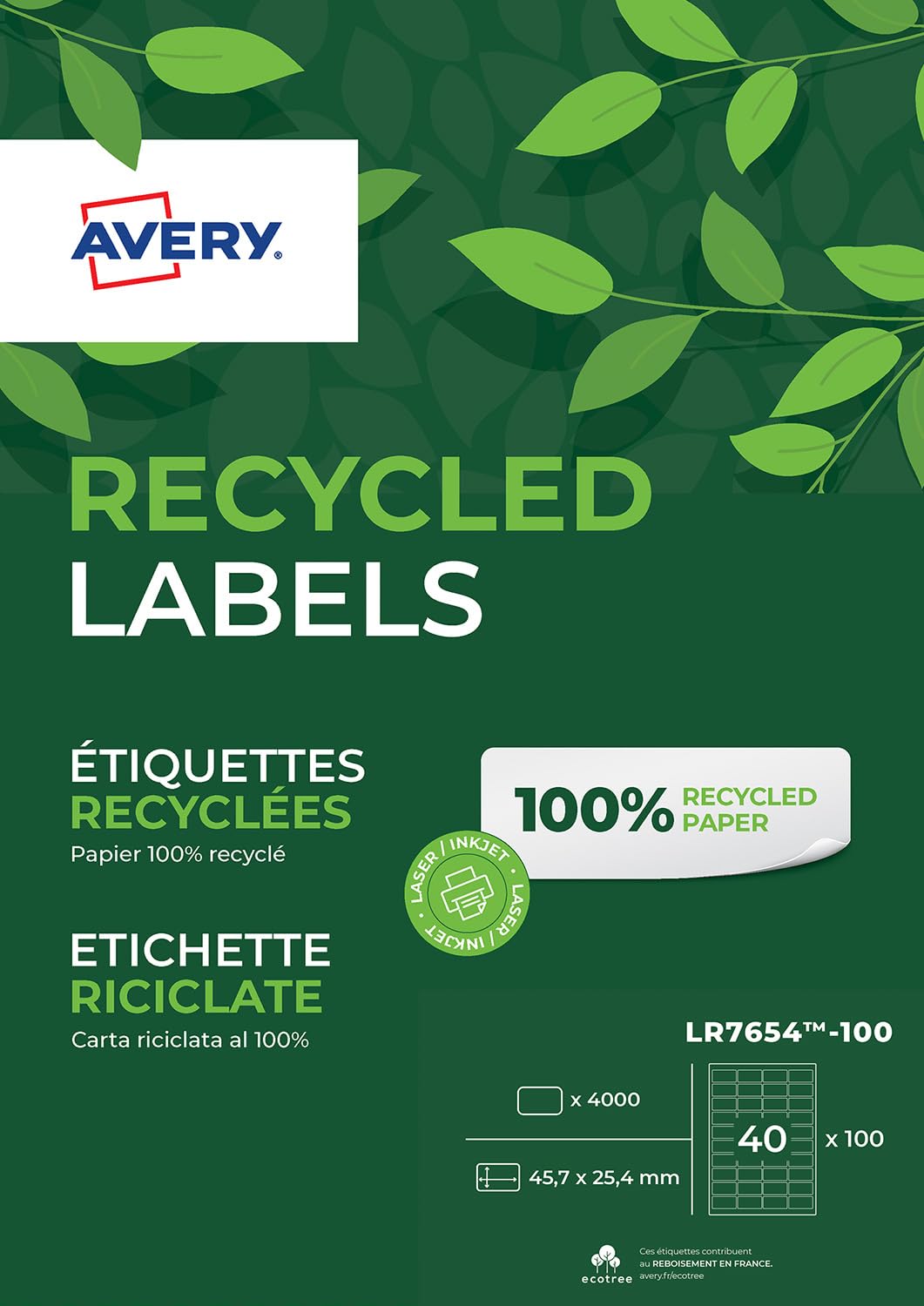 Avery España LR7654-100 Etiquetas adhesivas A4 blancas recicladas 4000 etiquetas, 45,7x25,4mm, caja 100 hojas