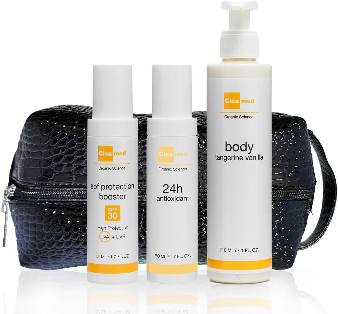 Cicamed Kit de alívio da pele estressada – proteção solar FPS 30+, creme hidratante para o rosto e loção corporal – com bolsa de higiene – Conjunto nutritivo de cuidados com a…