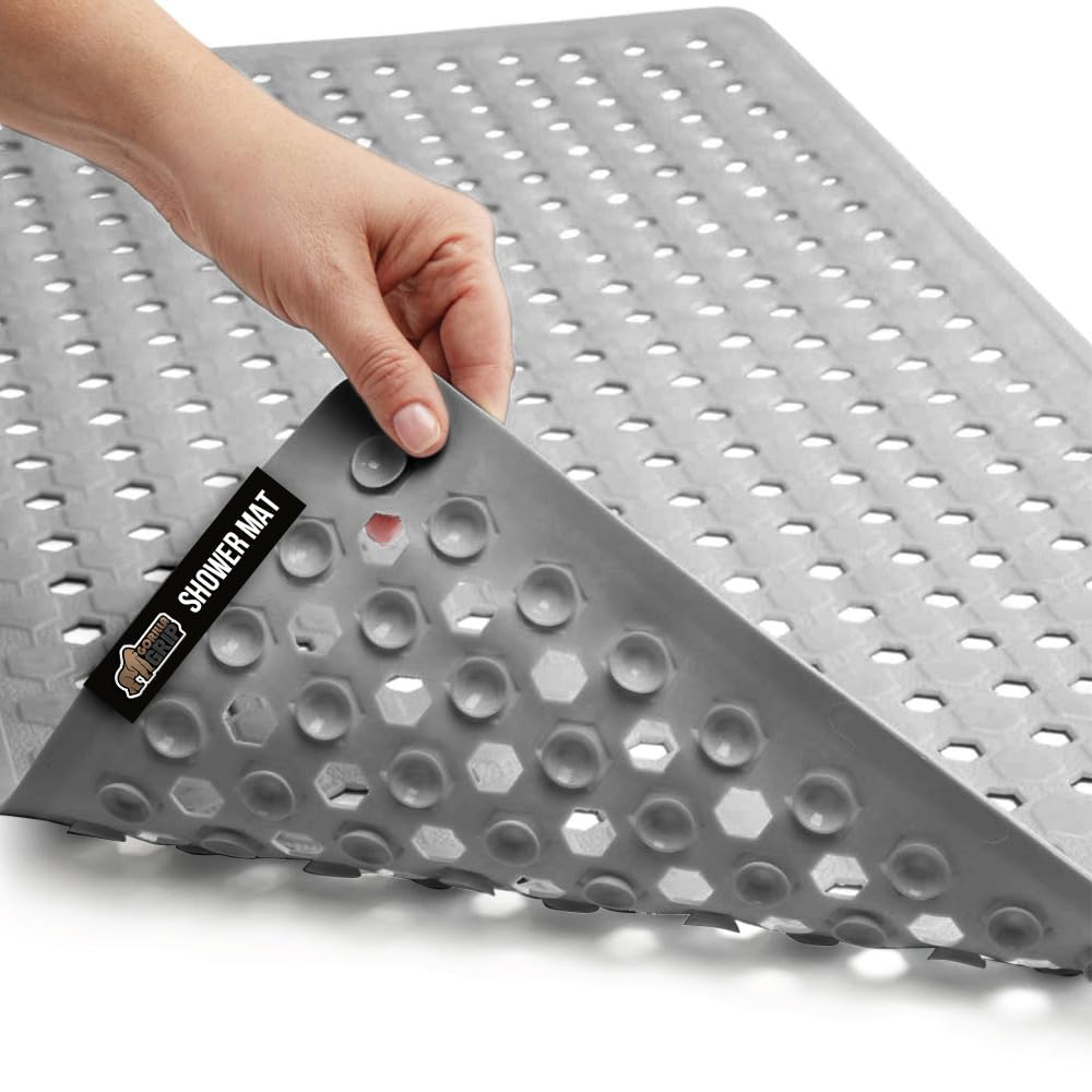 Gorilla GripPatented Bath Tub Shower Mat, Machine Washable Bathtub Floor Liner Mats, Suction Cups and Drain Holes to Keep Tubs Clean, Soft on Feet, Bathroom Essentials, 35x16 Inch, Gray Opaque