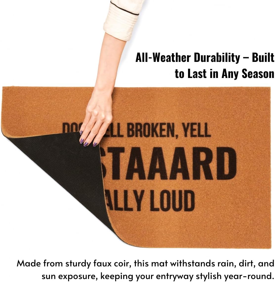 Funny Doormat – Doorbell Broken, Yell Mustaaard Really Loud – 30" x 18" Outdoor Welcome Mat, Faux Coir with Non-Slip Rubber Backing, Durable & Waterproof, Indoor & Outdoor Use