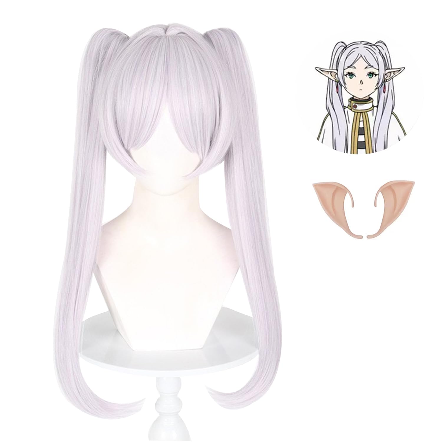 Anime Frieren Cosplay Perücke für Sousou no Frieren, lange silberweiße Haarperücken mit 2 abnehmbaren Pferdeschwänzen für Frauen und Mädchen