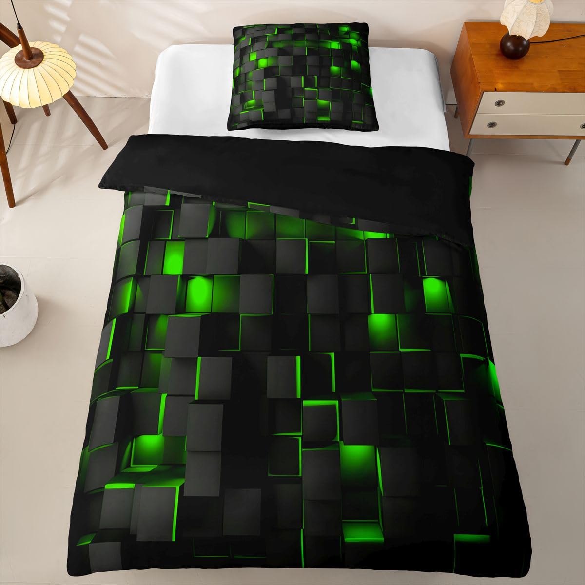 Grün und Schwarz Geometrisch Bettwäsche 135x200 4teilig für Kinder Jungen Mädchen Geometrie Bettwäsche-Set 4-TLG., 2 Bettbezüge 135x200 cm und 2 Kissenbezüge 80X80 cm