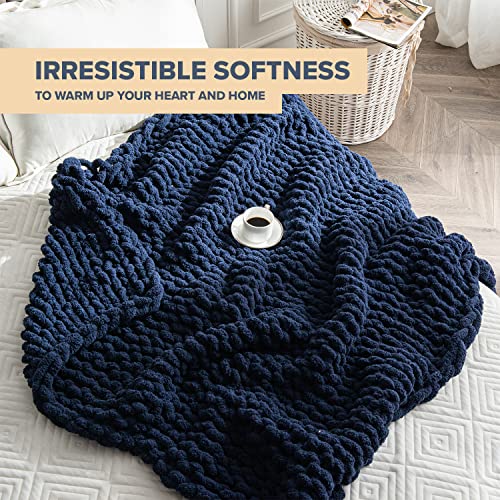 Chunky Knit Blanket Throw - 50"X60" 3.7 Lbs. - Soft Chenille Yarn Knitted Blanket - Machine Washable Crochet Blanket - Handmade Cable Knit Throw Blanket For Couch, Bed (Navy Blue) #TOP4
