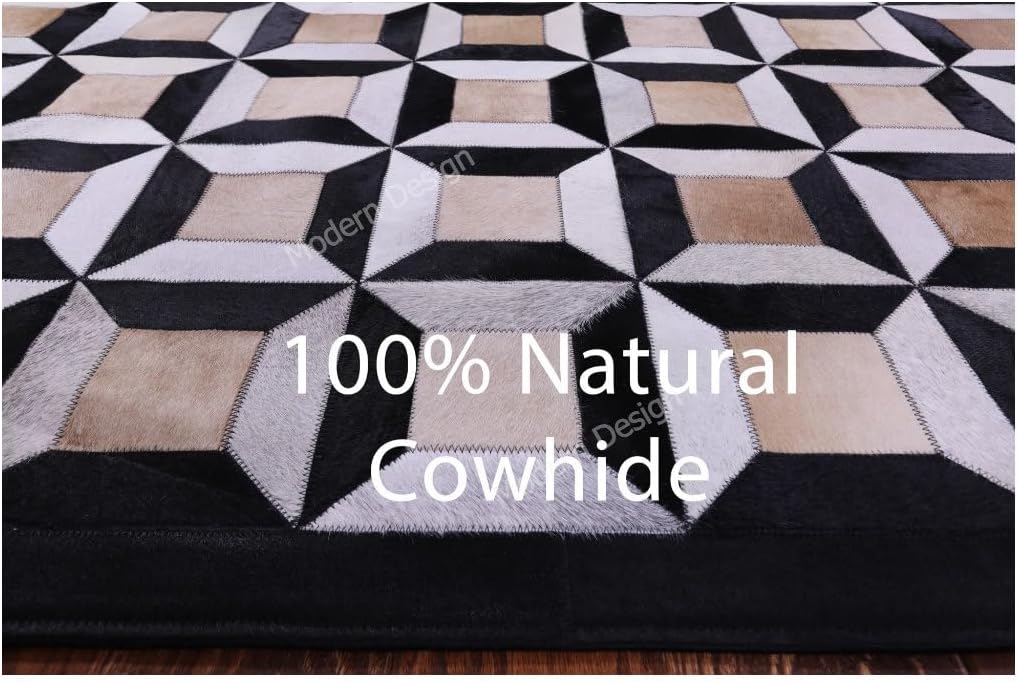 Modern Design Premium Leather Mosaic Area Rug, Geometric Pattern, Natural Multi Living Room Carpet (Black/Beige/Grey/White, 9x12)