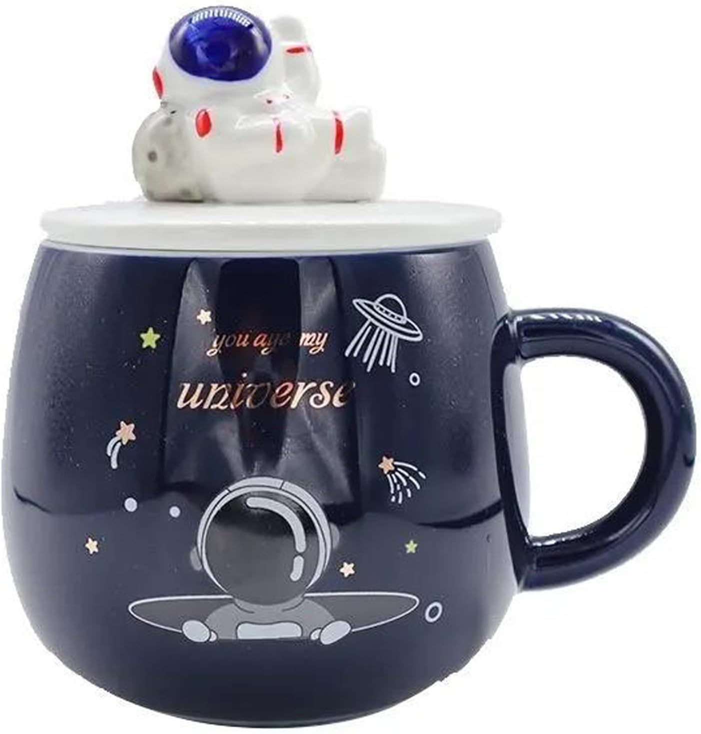 ZONSUSE Funny Space Mug, Cute Astronaut Cup, Creative UFO Mug, Novelty Coffee Cups, with Lid and Spoon, Space Gifts for Men Women Boys Girls Kids Interstellar Astronomy Enthusiasts 450ml (D)