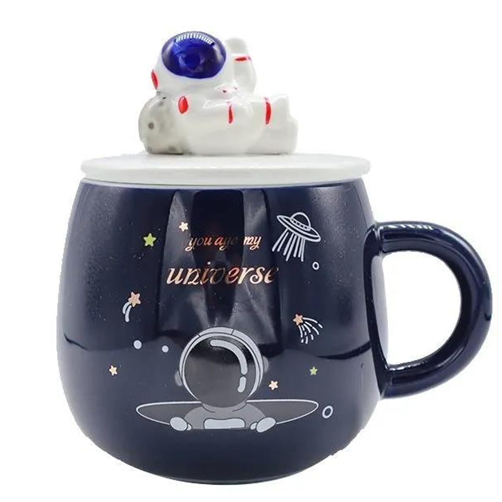 ZONSUSE Funny Space Mug, Cute Astronaut Cup, Creative UFO Mug, Novelty Coffee Cups, with Lid and Spoon, Space Gifts for Men Women Boys Girls Kids Interstellar Astronomy Enthusiasts 450ml (D)