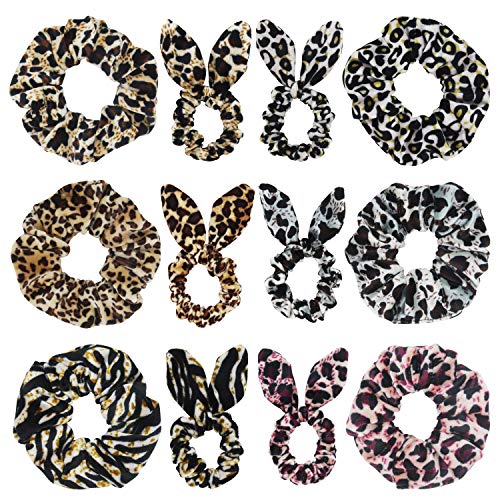 Set of 12 Leopard Velvet Scrunchies Bunny Ear Bow Hair Ties Ponytail Holders Women Hair Accessories (Mix Styles)