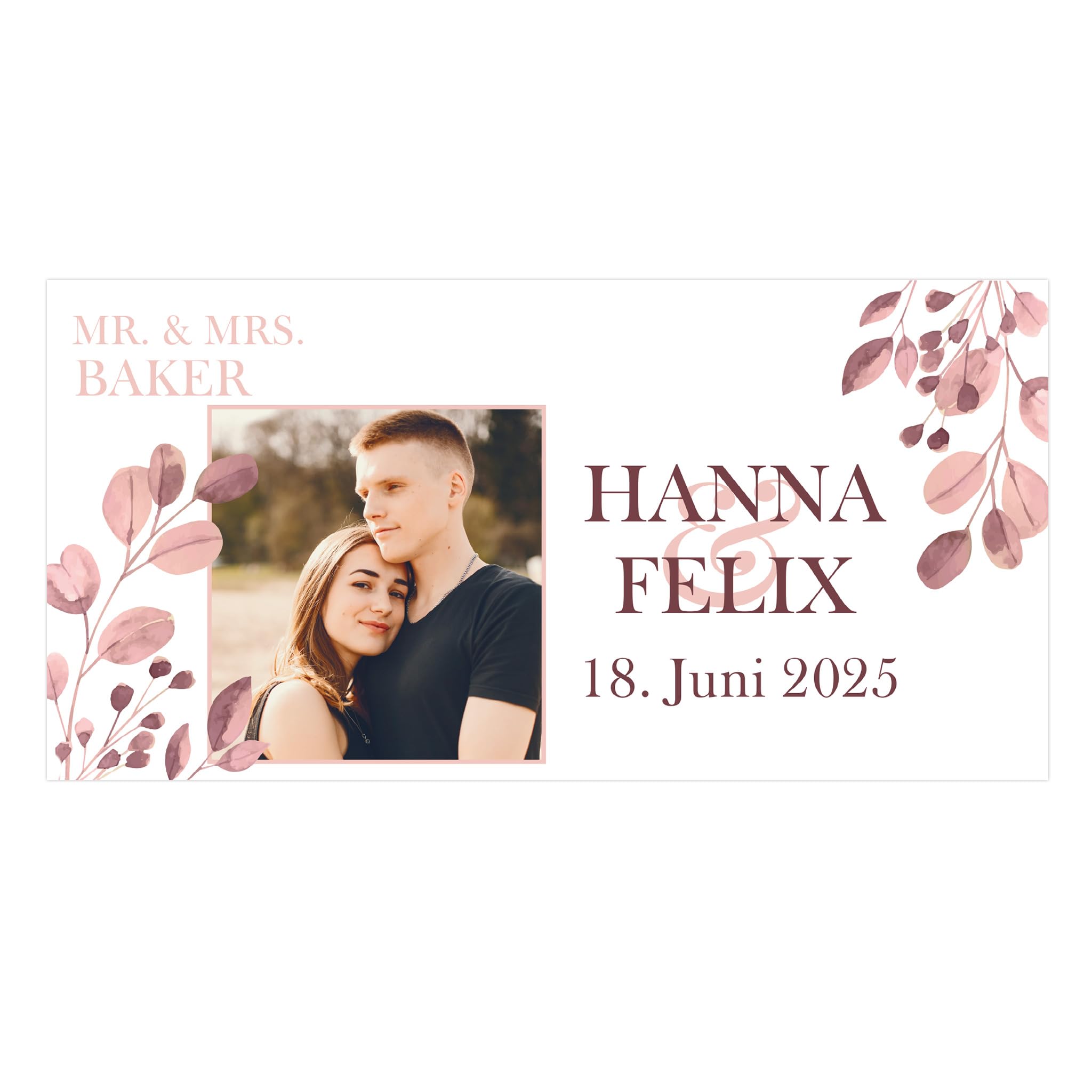 Herz & Heim® Personalisiertes Hochzeitsbanner mit Foto, Namen und Datum – Individuelle Hochzeitsdeko für Empfang oder Feier – Banner als Dekoration zur Hochzeit (Eukalyptus, Material Kunststoff)