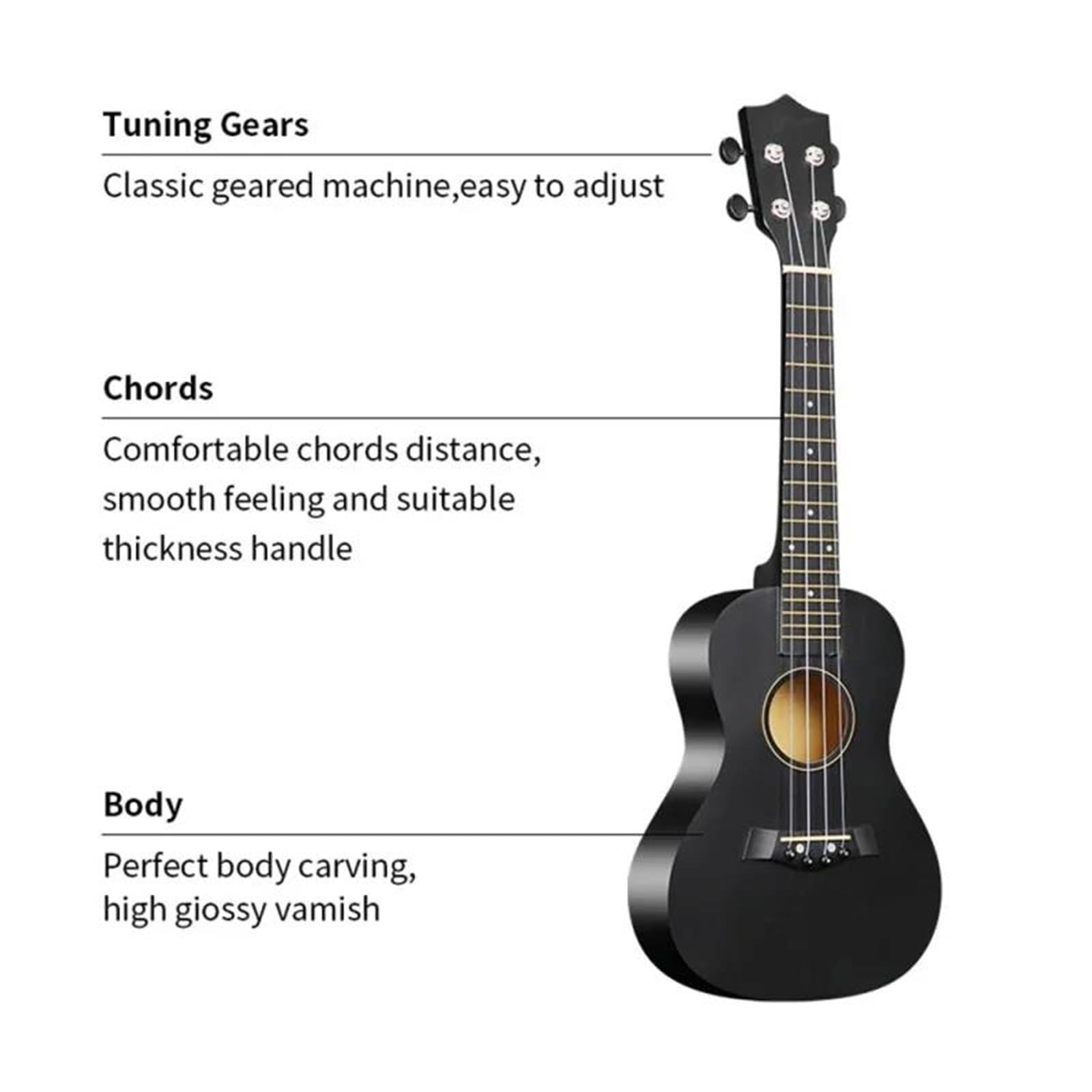 Leistungsart Ukulele 23 Zoll Akustik Ukulelen Set Mit Tasche Saiten Gurt Steg Nadel Kapodaster Plektrum Und Stimmgerät Für Anfänger(Black)