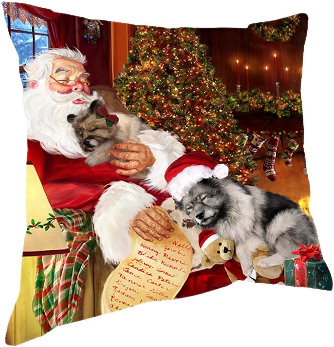 Doggie of the Day Happy Holidays with Santa Sleeping with Keeshond Dogs Christmas Pillow (14x14)