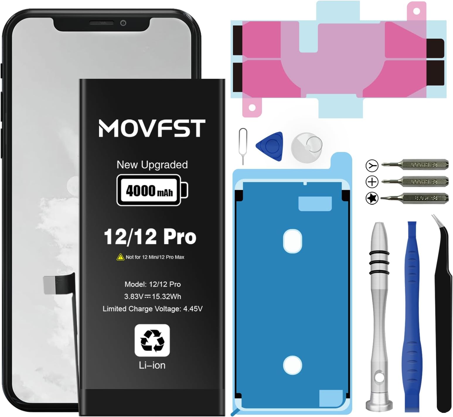 Replacement Battery for iPhone 12/12 Pro,4000mAh Li-ion Polymer High Capacity Battery Fit for iPhone 12/12 Pro Model A2172 A2402 A2403 A2404 with Repair Tool Kits