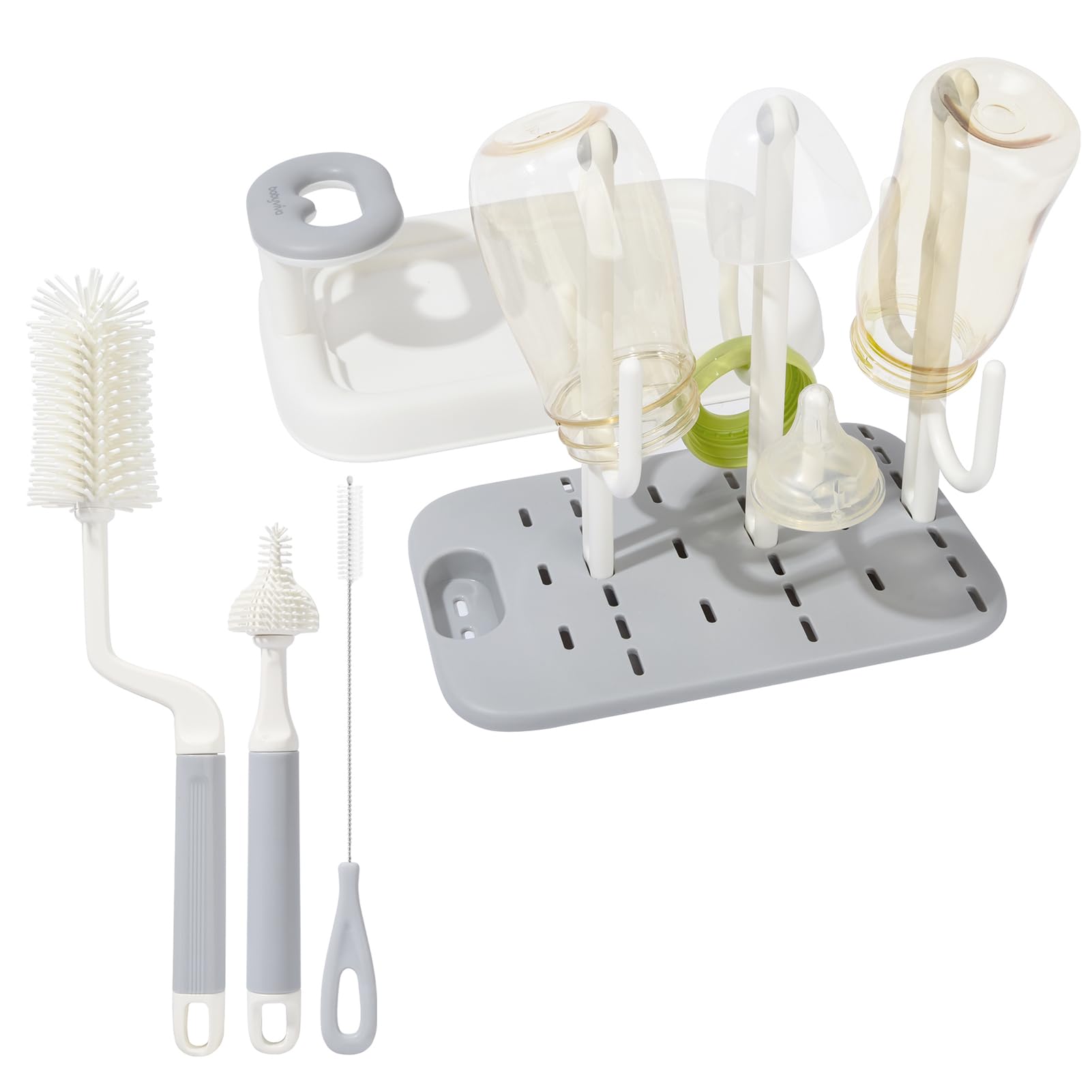 BebamourBottle Brush Set - Baby Bottle Drying Rack with Baby Bottle Brush,Silicone Bottle Cleaner Brush & Nipple & Straw Cleaner-5 in 1 Bottle Cleaning Tool for Home and Travel