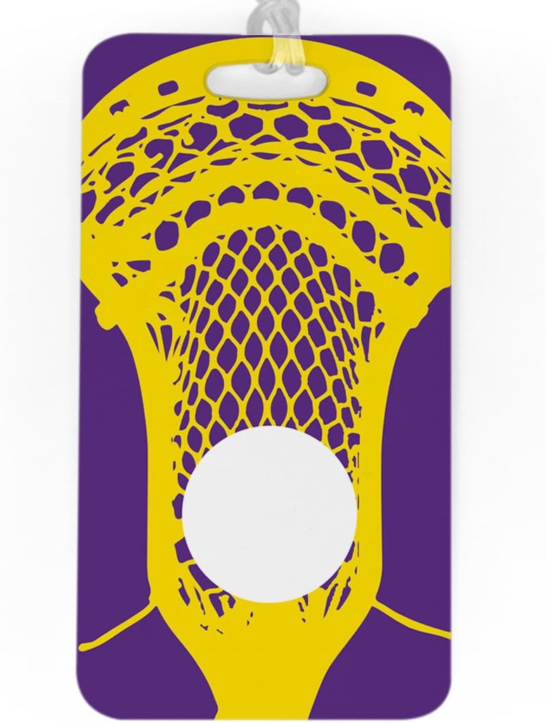 ChalkTalkSPORTS Guys Lacrosse Luggage & Bag Tag | Large Lacrosse Stick | Custom Info on Back | Large | Purple/Yellow