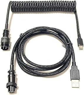 R3N Custom Coiled Aviator Keyboard Cables, Double Sleeving with Metal GX-16 Aviator, Heat Shrink, 1.5M USB C to USB A molding, Black Color