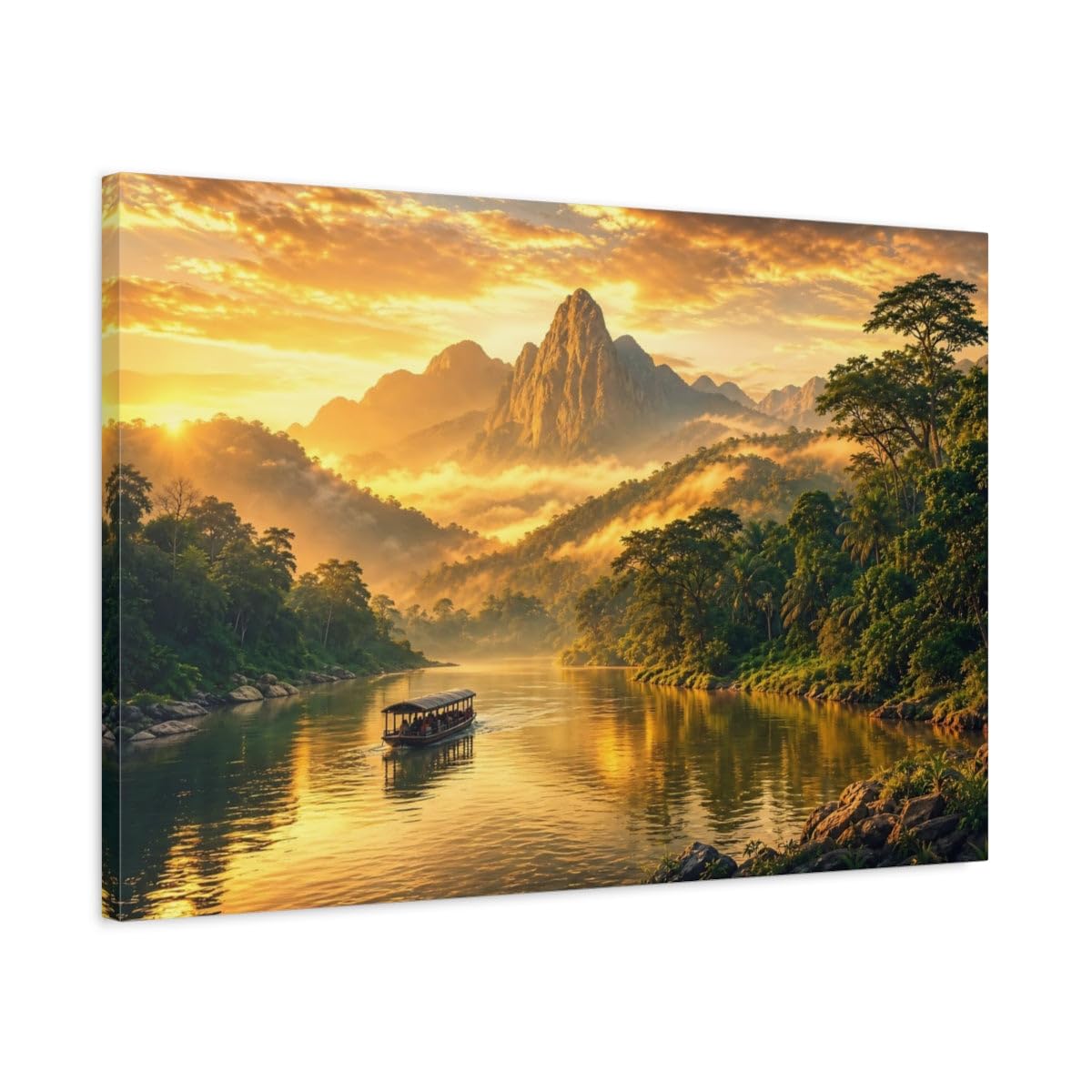Nature River Landscape Golden Canvas Print – Living Room, Above Sofa 30×20 inch (75×50 cm) - Horizontal / 1.25 inch (3 cm)